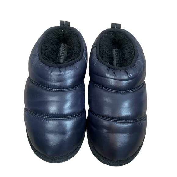 Sorel Hadley Nylon Slippers Size Womens 9 Navy Blue Faux Fur Lined Comfy - Picture 1 of 10